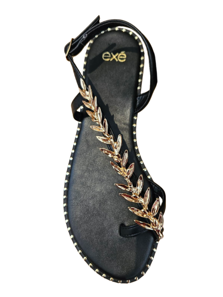 Sandalias planas negro rama dorada