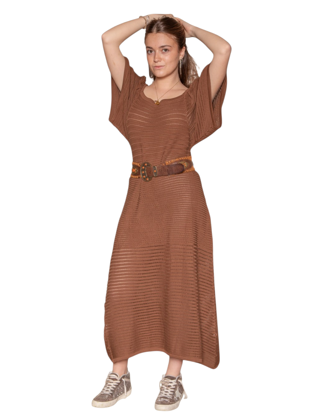 Vestido punto calado Marrón