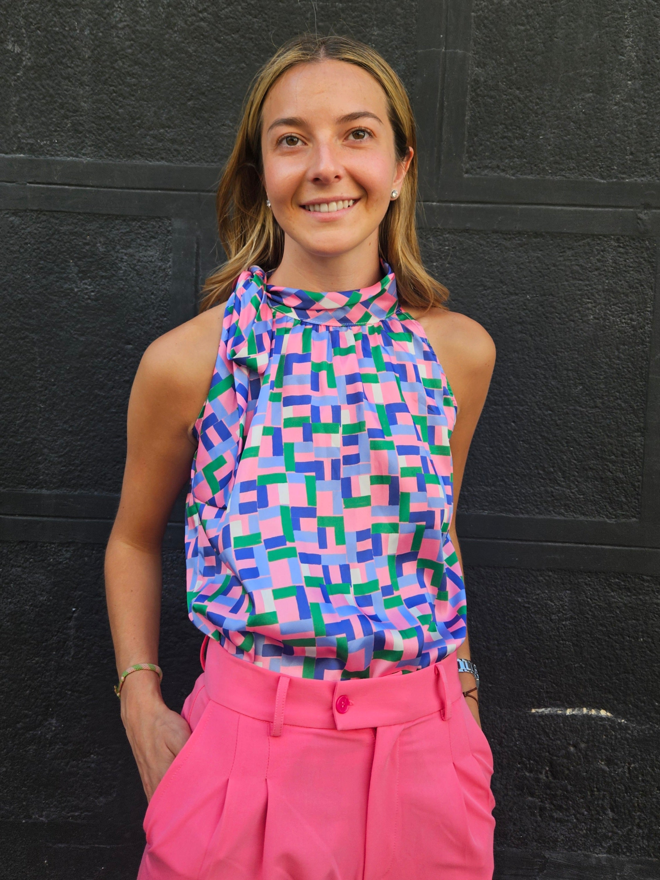 Top halter cuadros rosa